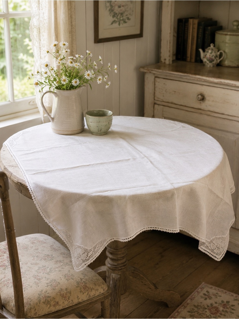 VTG White Linen Square Tablecloth Crochet Corner Trim cottage country coquette